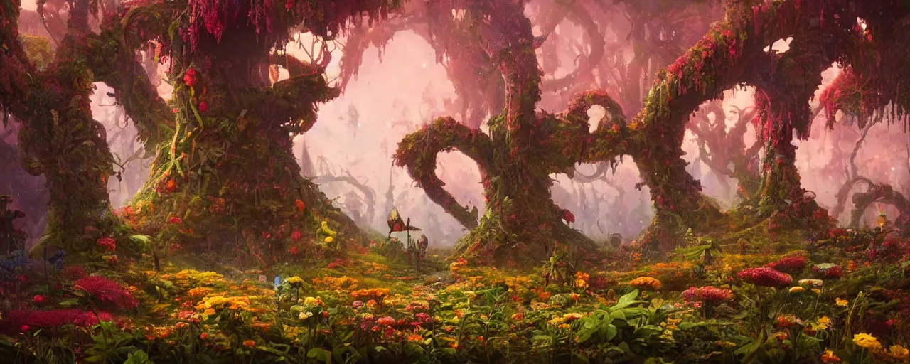 Image similar to ” whimsical world of flowers, trees, twisted roots and happiness, [ by paul lehr, cinematic, detailed, epic, widescreen, opening, establishing, mattepainting, photorealistic, realistic textures, octane render ] ”