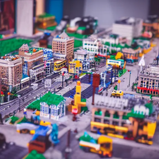 Image similar to a large scale city made of legos, 3 5 mm, shallow depth of field, diorama, 4 k