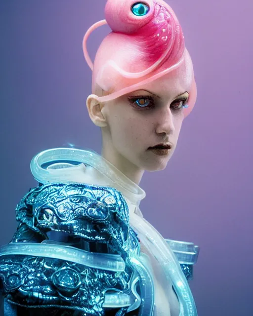 Image similar to natural light, soft focus portrait of a cyberpunk anthropomorphic squid with soft synthetic pink skin, blue bioluminescent plastics, smooth shiny metal, elaborate ornate head piece, piercings, skin textures, by annie leibovitz, paul lehr