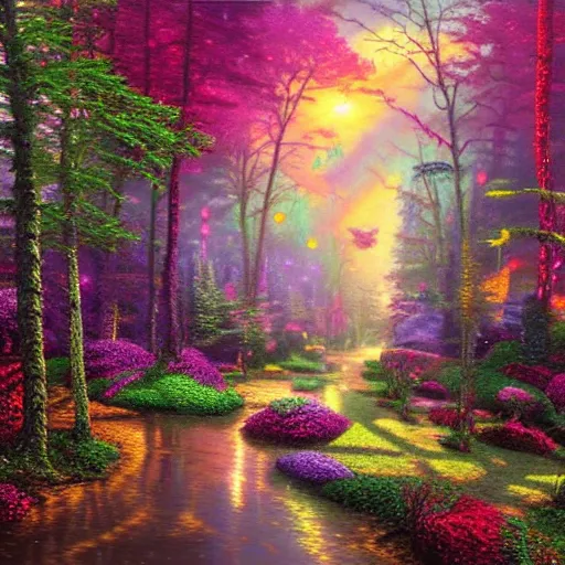 Prompt: psychedelic candy forest by thomas kinkade