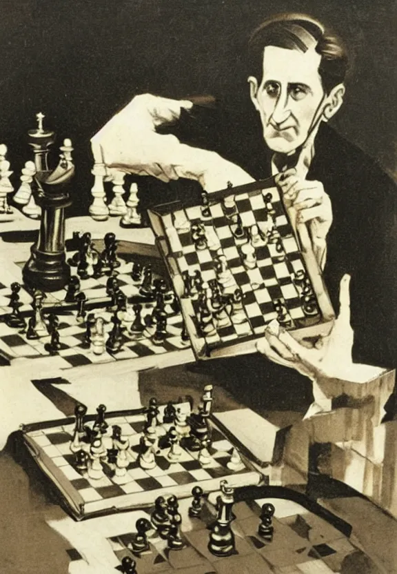 Image similar to a concept drawing of marcel duchamp holding up a chess - piece wire - machine, a surrealist painting by marcel duchamp, complex artificial - intelligence machinery, 1 9 2 0 s