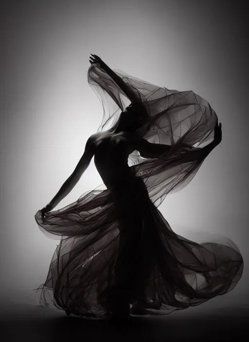 Image similar to a Photorealistic dramatic hyperrealistic render of a glamorous beautiful Female smoke dancer with perfect human form by Ken Brower and Deborah Ory of NYC Dance project,Lois Greenfield,Flowing cloth and smoke,Beautiful dynamic dramatic dark moody lighting,volumetric,shadows,cinematic atmosphere,Octane render,8K