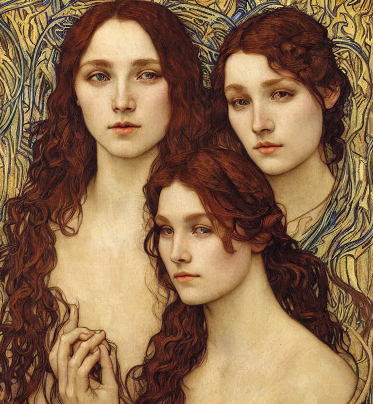 Image similar to detailed realistic beautiful young medieval queen face portrait by jean delville, alphonse mucha, vincent van gogh, and marco mazzoni, art nouveau, symbolist, visionary, gothic, pre - raphaelite