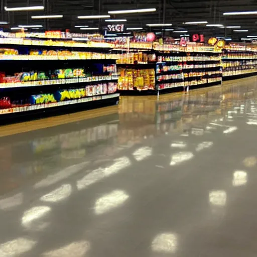 Prompt: supermarket empty, eerie, spooky, dim lights,