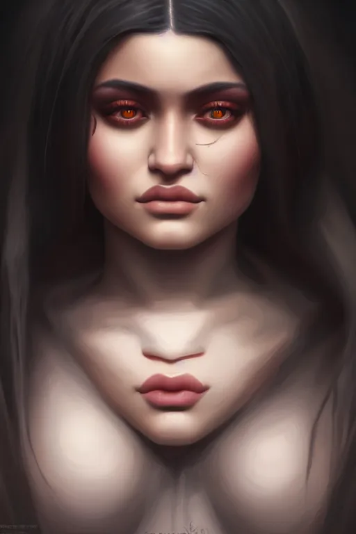 Prompt: a demonic horrific portrait of kylie jenner, white eyes, bored, illustration, soft lighting, soft details, painting oil on canvas by edmund blair leighton and charlie bowater octane render, hdr, trending on artstation, 4 k, 8 k, hd