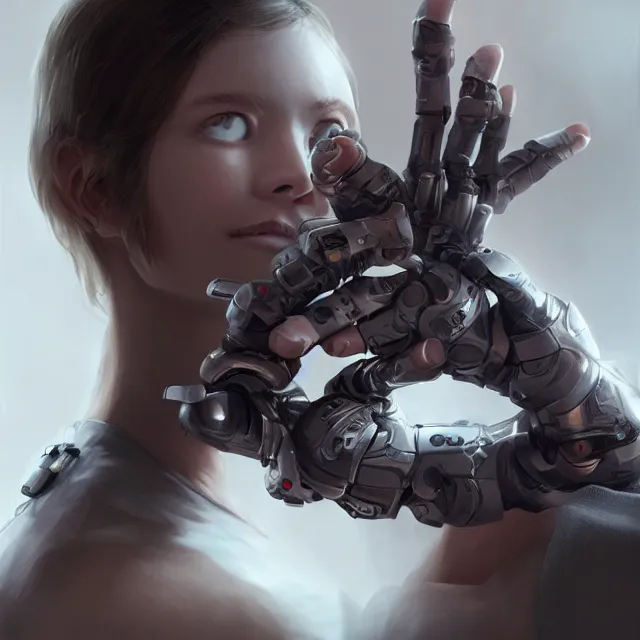 Image similar to girl with giant cyborg hands, cgsociety