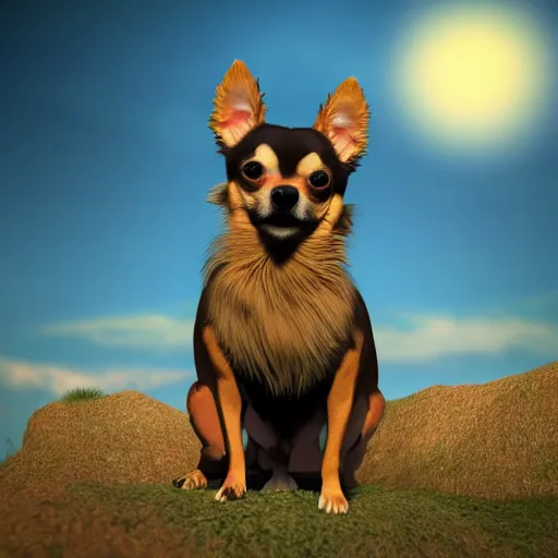 Prompt: chihuahua standing on a hill looking like a lion but it's a chihuahua, highly realistic digital art, 4 k, raytracing