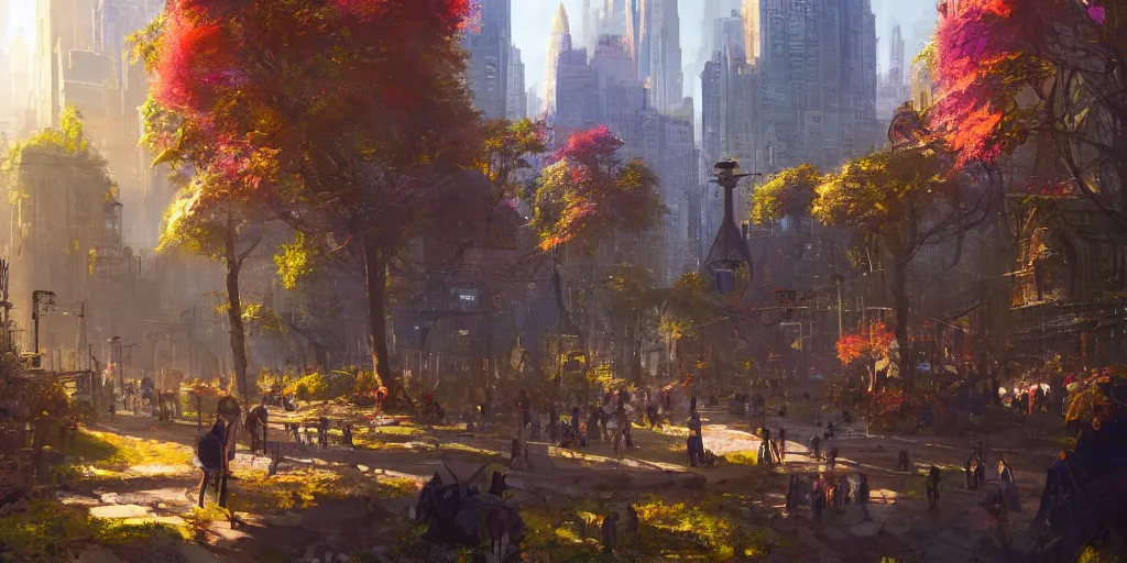 Image similar to a fantasy solarpunk new york city, illustration by greg rutkowski, bright sunlight, sun glints, vivid and colorful trees and plants and flowers, digital art, 8 k, trending on artstation