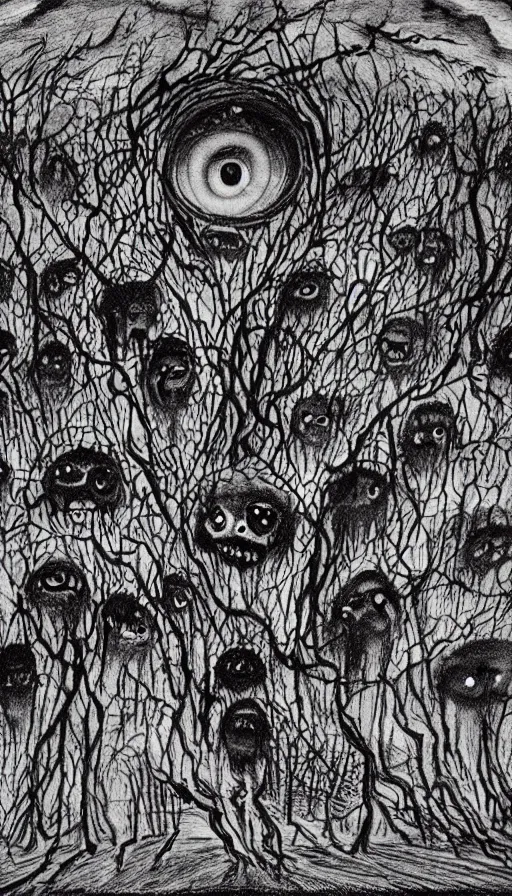 Prompt: a storm vortex made of many demonic eyes and teeth over a forest, by schizophrenia patient