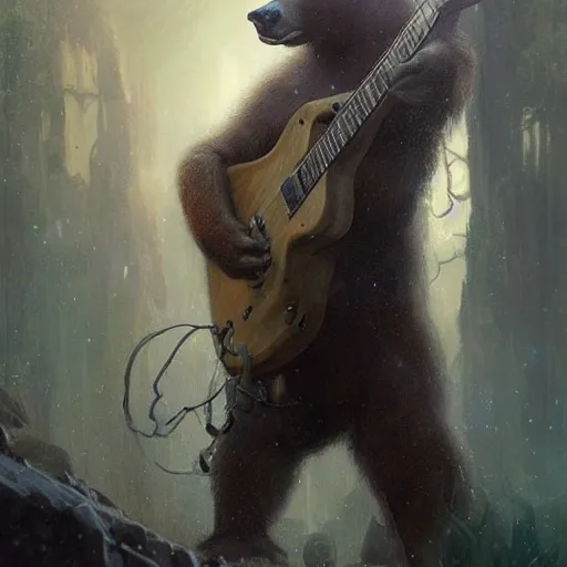 Image similar to realistic bear playing futuristic minimalistic primitive forms guitar, fantasy character portrait by Greg Rutkowski, Craig Mullins, Gaston Bussiere