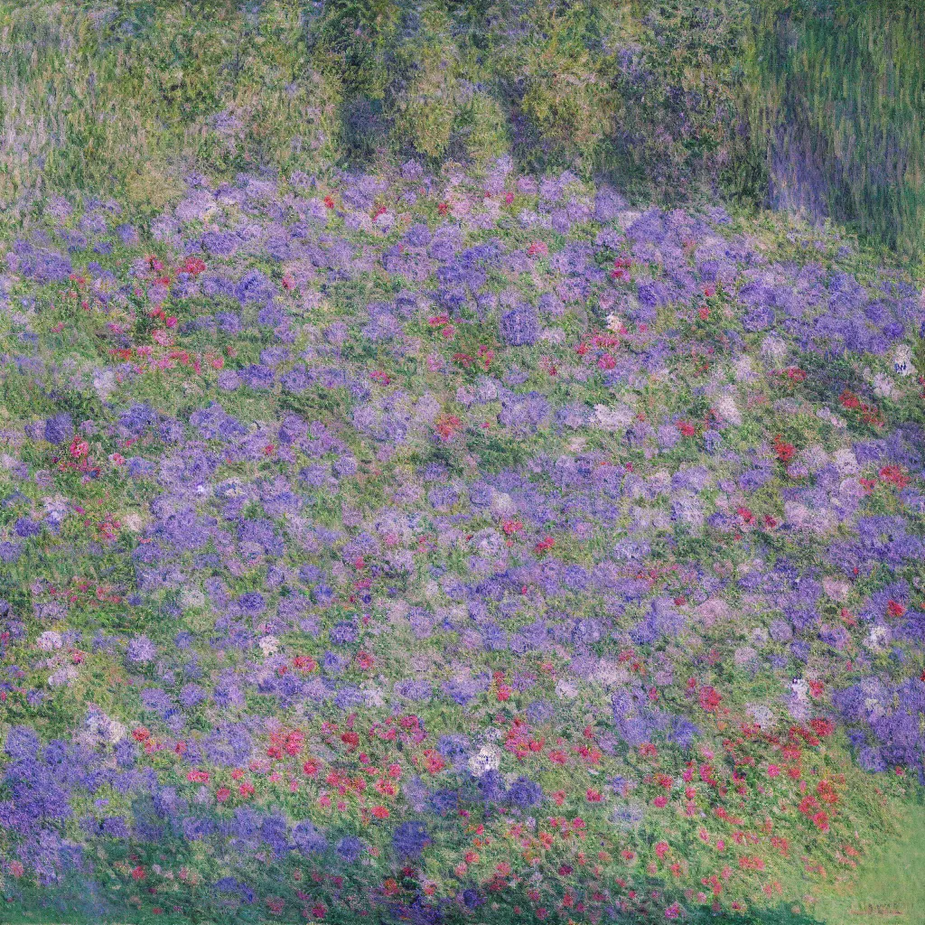 Image similar to a gorgeous garden on the edge of a cliff filled with beautiful flowers of blue and violet and pink, monet