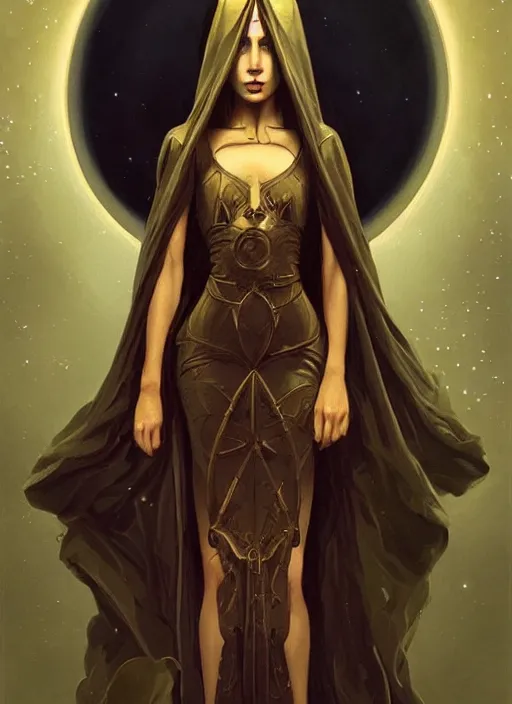 Image similar to tarot!!, high priestess, no noise, elegant, concept art, sharp focus, beautiful face!!, digital art, smooth defined outlines!!, human anatomy, human structure, vector background, dark fantasy, by Brom, trending on Artstation, Tom Bagshaw, Sargent