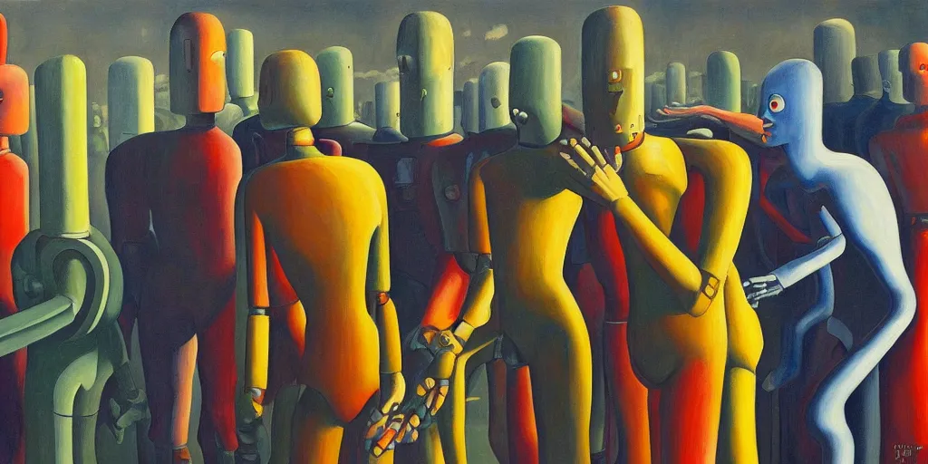 Prompt: robots praying to an evil human false god, dystopian, pj crook, edward hopper, oil on canvas