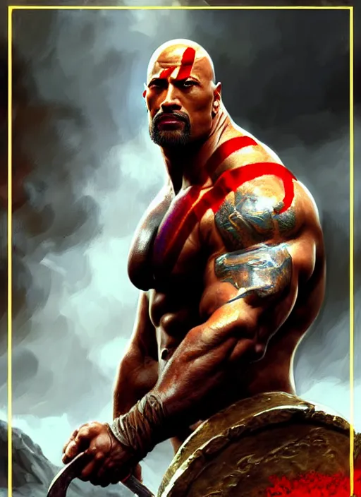 Image similar to ! dream portrait of aggressive dwayne johnson as kratos, d & d, muscular! intricate, elegant, highly detailed, digital painting, artstation, concept art, smooth, sharp focus, illustration, art by artgerm and greg rutkowski and alphonse mucha