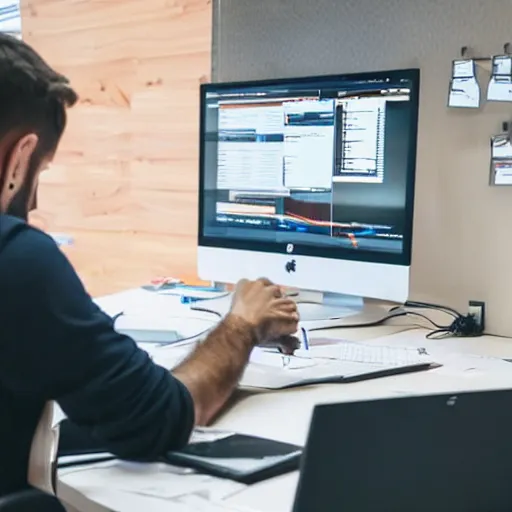 Image similar to a picture of a bearded developer who is trying to work with rxjs but has no idea what he is doing. he looks seriously frustrated. this all takes place in an office which is inside the amsterdam olympic stadium