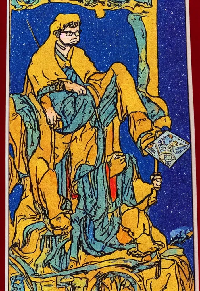 Image similar to Yann LeCun sitting on the throne on a tarot card, illustrated on the Rider–Waite tarot.