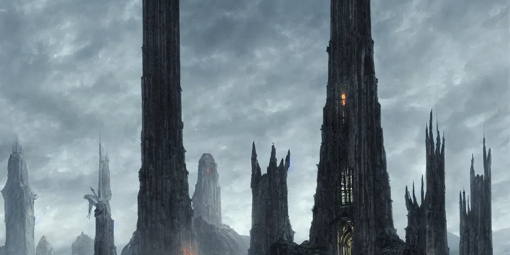 Prompt: Orthanc tower inside Isengard in the evening, detailed matte painting, cinematic, Alan Lee, Artstation