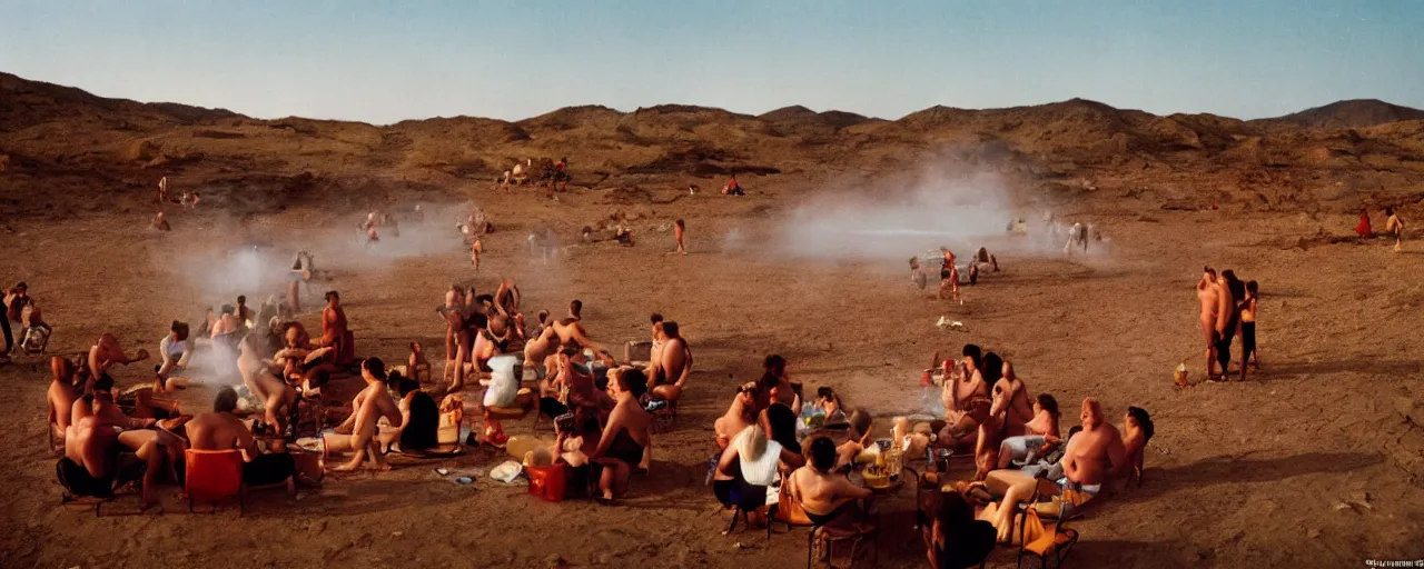 Image similar to people taking a natural hot springs of spaghettios desert evening, kodachrome, in the style of wes anderson