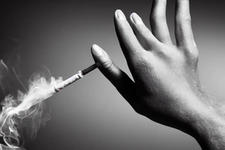 Image similar to Close-up of thin soft hand, hand with cigarette with smoke, hand with five fingers, hyper realistic, high details, photo, super resolution