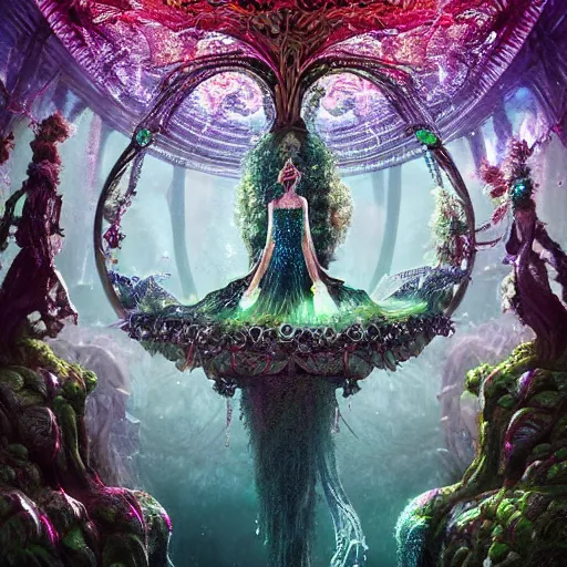 Prompt: under an intricate like jewels epic forest suspended in the air upside down, a pool with intricate and surreal epic circles of water within which float phantasmagoric robotic humanoids, dressed in intricate veils and jewels, epic environment, matte painting, diffused lighting, highly detailed, cinematic, epic atmosphere, digital art, trending on artstation, depth of field, wide angle