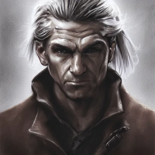 Image similar to portrait of a muscular, grim, ponytail haired blonde man in his late 30's, wearing a thick brown leather coat, looking to his side, scarred face, chiseled face, hunter, DnD character, fantasy character, dramatic lighting, high detail, graphite black and white by Ruan Jia, Krenz Cushart, Rossdraws and Boris Vallejo