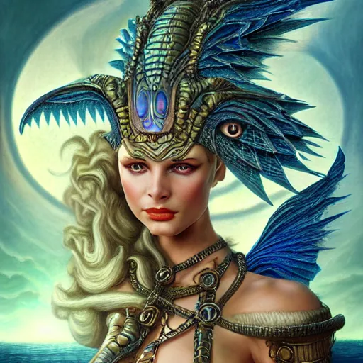 Image similar to Mystical Valkyrie, Portrait of a beautiful female Atlantean Reptilian Warrior, Realistic, Regal, Refined, Detailed Digital Art, Michael Cheval, Walt Disney (1937), François Boucher, Oil Painting, Steampunk, Highly Detailed, Cinematic Lighting, Unreal Engine, 8k, HD