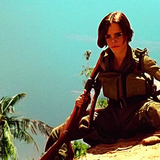 Image similar to film still, extreme far view, emma watson vietnam door gunner, film still from apocalypse now ( 1 9 7 9 ), 2 6 mm, kodak ektachrome, blue tint expired film,