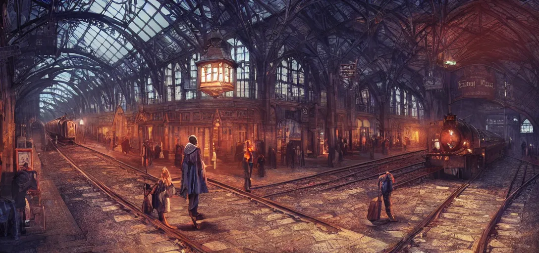 Prompt: some wizard waiting in hogwart train station in quiet dark city, hyper detailed, orange red blue tones dramatic lighting, cgsociety, realistic, hyper detailed, insane details, intricate, dramatic lighting, hypermaximalist, golden ratio, rule of thirds, octane render, weta digital, micro details, ultra wide angle, artstation trending, 8 k,