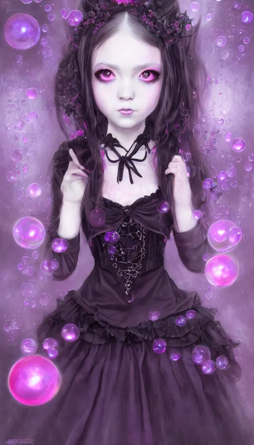 Image similar to gothic lolita girl portrait, dreamy and ethereal, expressive pose, big eyes, tender expression, exciting, fantasy, intricate, elegant, many rainbow bubbles, pink tones, purple, black very detailed, digital painting, artstation, concept art, cyberpunk wearing, soft, sharp focus, illustration, art by artgerm and greg rutkowskiand alphonse much