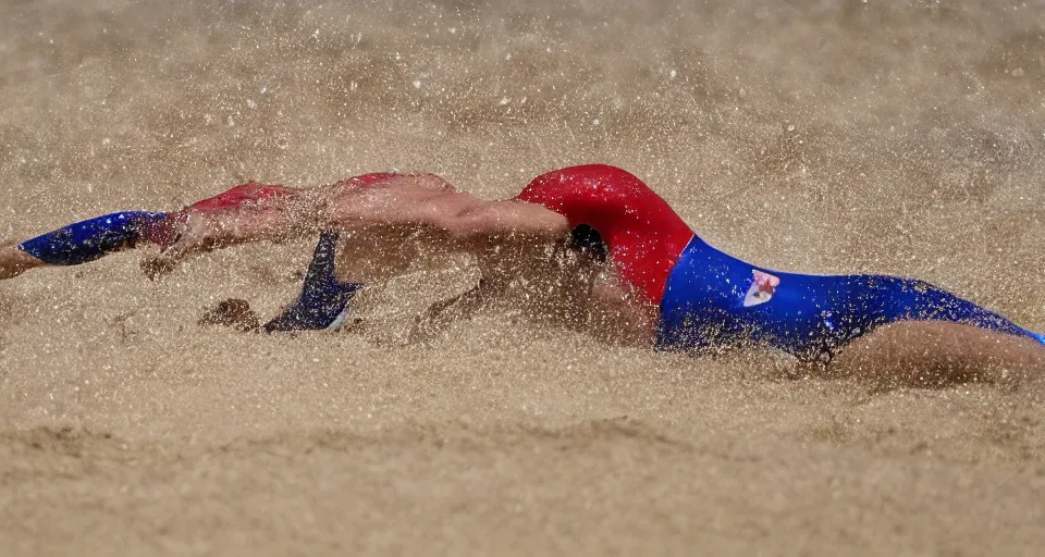 Image similar to olympic swimming in sand instead of water, extremely coherent, motion blur