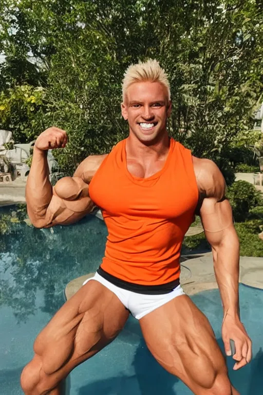 Image similar to a handsome bodybuilder with blonde hair who is also a male android, ken, muscular, wearing a cut-off white crop top and short light orange shorts stands by a swimming pool, shiny skin, candid smile