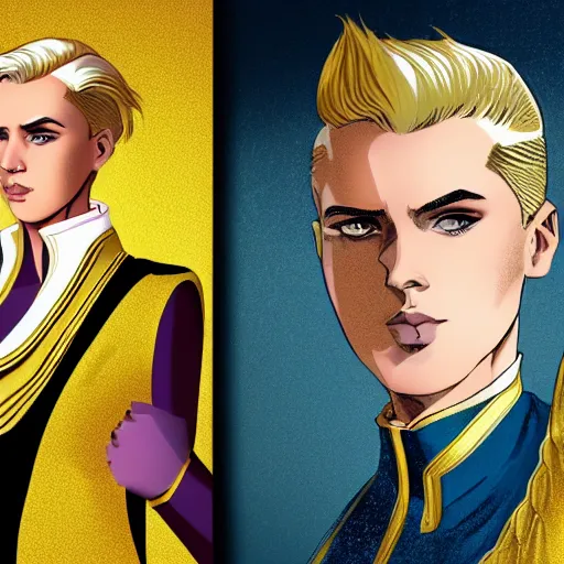 Image similar to character concept art of stoic heroic emotionless handsome blond butch tomboy woman with very short slicked-back hair, in princely white and gold masculine satin uniform with gold cape, science fiction, atompunk, illustration