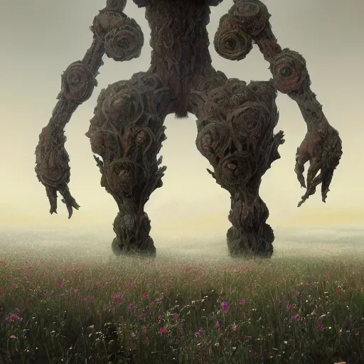 Image similar to concept art of a slender giant fractal golem, elegant, day time, foreboding, fantasy, field, flowers, trending on artstation, wayne barlowe