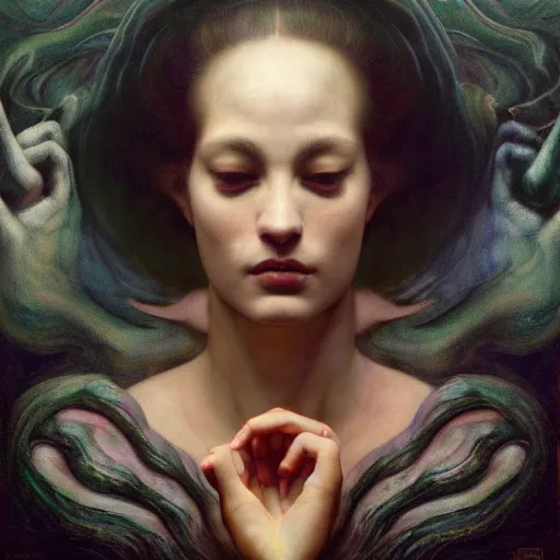 Image similar to face of the void blessing the lotus flower | highly detailed oil painting, hyperrealistic, very intrincate | cinematic lighting, award - winning | by roberto ferri, gustav klimt, william waterhouse and tom bagshaw | by austin osman spare and william blake, trending on artstation, cgsociety, official art, octane.