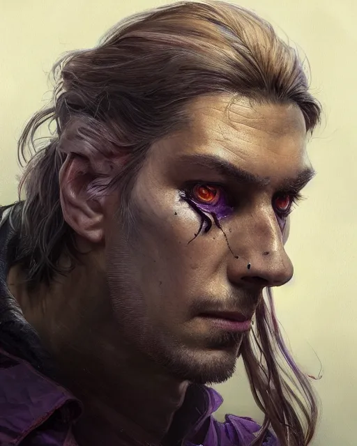Prompt: '' Face portrait of a handsome scarred fighter, reptile skin, purple eyes, long hair with a ponytail , sci-fy, cyberpunk, high detail, 4k , digital painting, artstation, concept art, sharp focus, illustration, art by greg rutkowski and alphonse mucha ''