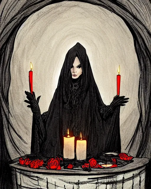 Prompt: a mystical witch in a black shawl, surrounded by floating lit red candles in an underground lair. by abigail larson