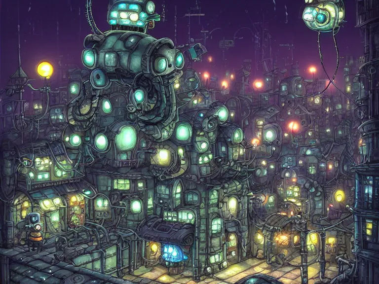 Image similar to fantasycore street view of futuristic machinarium tokyo at night by michael whelan and dan witz and dan mumford. cute ver.ka mecha machinarium robots. cel-shaded. glossy painting.