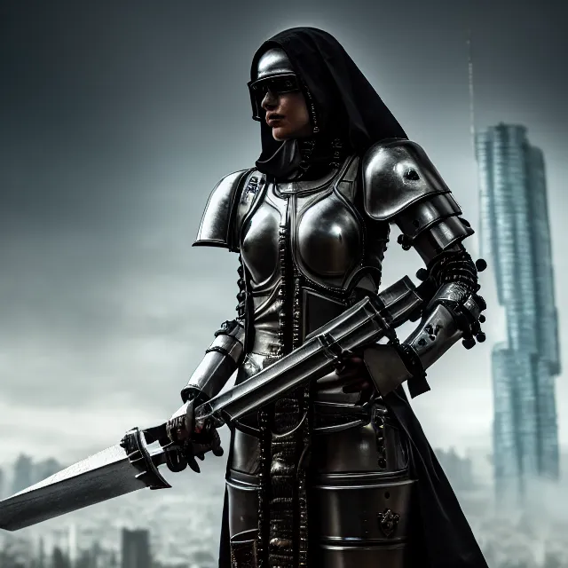 Image similar to cyberpunk armoured nun warrior with holy weapons, highly detailed, 8 k, hdr, smooth, sharp focus, high resolution, award - winning photo