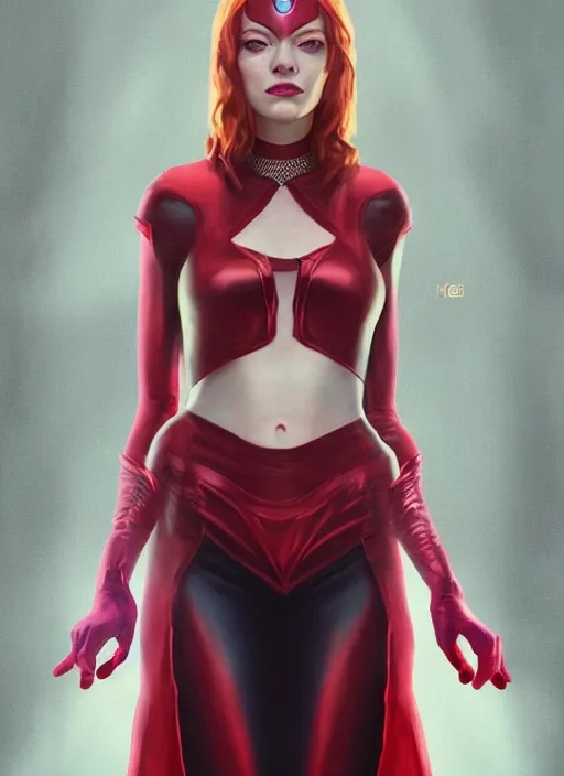 Image similar to portrait of emma stone as scarlet witch, hyper detailed, digital art, trending in artstation, cinematic lighting, studio quality, smooth render, unreal engine 5 rendered, octane rendered, art style by klimt and nixeu and ian sprigger and wlop and krenz cushart.