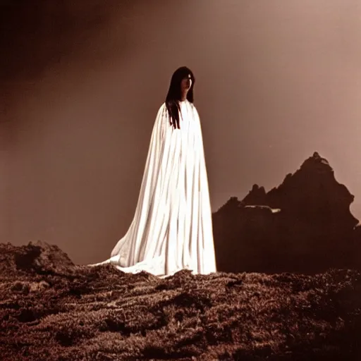 Image similar to 1 9 7 0's artistic spaghetti western movie, a woman in a giant billowy wide flowing waving dress made out of white smoke, standing inside a dark western rocky scenic landscape, volumetric lighting, backlit, moody, atmospheric