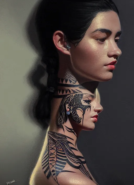 Image similar to portrait of a girl, fair skin, black hair, serious, tribal tattoos on her face, 1 9 5 0 s, intricate, elegant, glowing lights, highly detailed, digital painting, artstation, concept art, smooth, sharp focus, illustration, art by wlop, mars ravelo and greg rutkowski