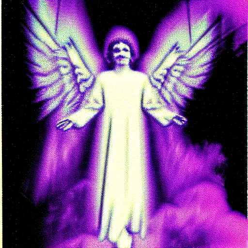 Image similar to vhs static overlay of angel apparition, money notes falling like confetti, vhs, 1 9 9 0, highly realistic, highly detailed, vhs noise static, black and white, vhs glitch