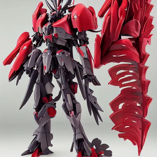 Image similar to futuristic lobelia cardinalis mecha cardinal flower upper body, sepals forming helmet, floral details, lobelia, 8 k hd resolution, barbatos gundam with floral inlay, bandai box art, star wars, makoto kobayashi, frank gehry, raymond swanland