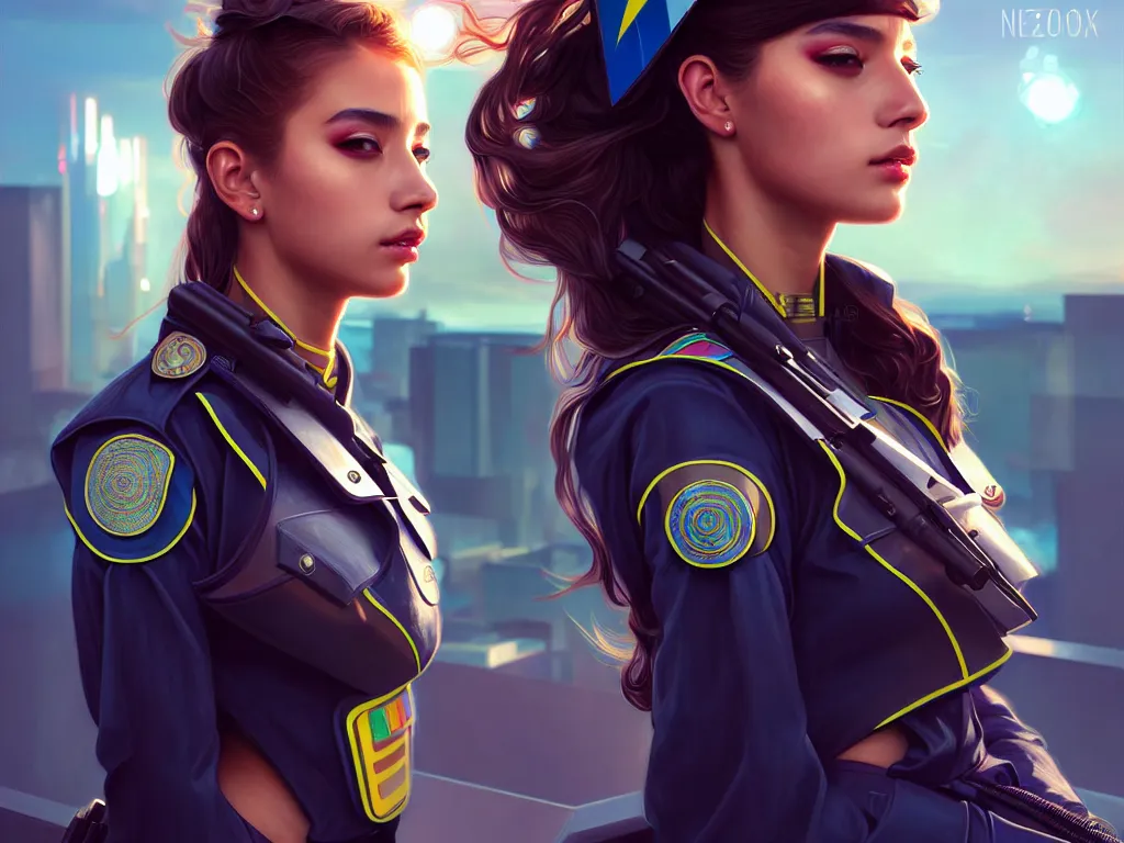 Prompt: portrait futuristic venezuela police uniform girl, at future neon light rooftop, ssci - fi and fantasy, intricate and very very beautiful and elegant, highly detailed, digital painting, artstation, concept art, smooth and sharp focus, illustration, art by tan zi and ayanamikodon and alphonse mucha and wlop