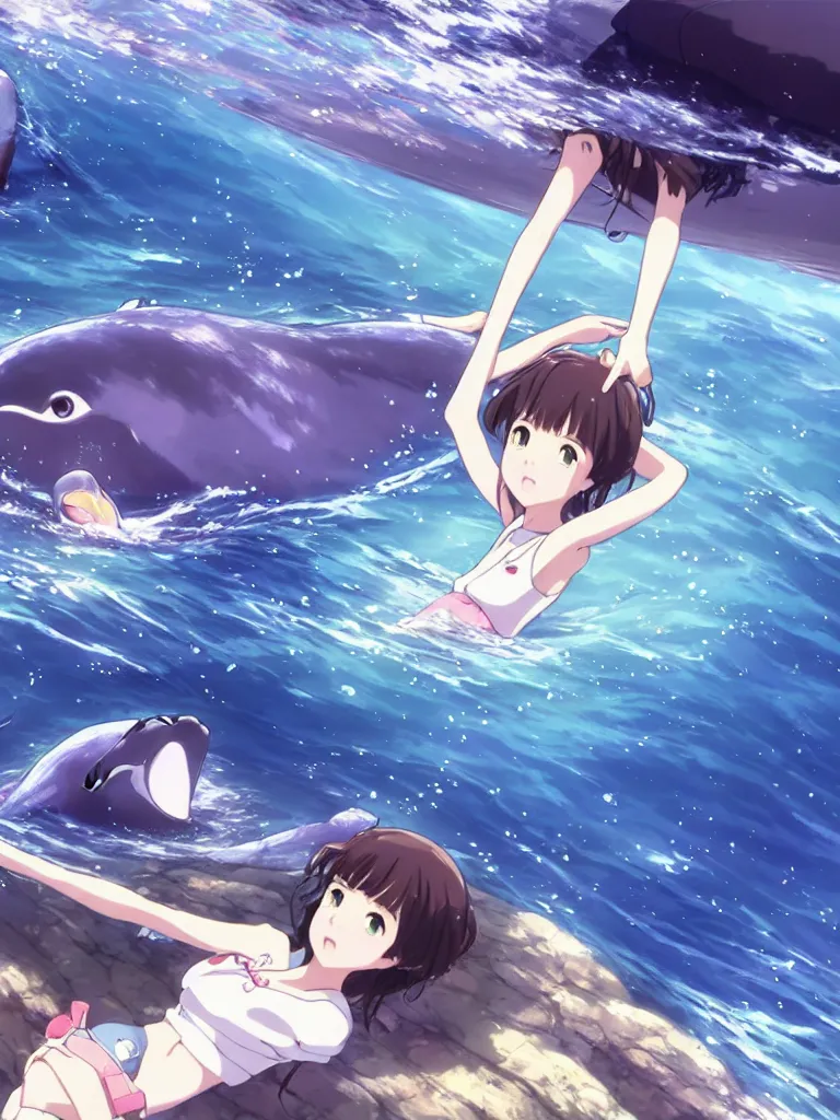 Image similar to a panorama view under the water, anime art full body portrait character concept art, hyper detailed cg rendering of a cute girl and whale, anime key visual of children of the sea, finely detailed perfect face, style of raphael lacoste, makoto shinkai, violet evergarden, studio ghibli, james jean, hayao miyazaki, extremely high quality artwork