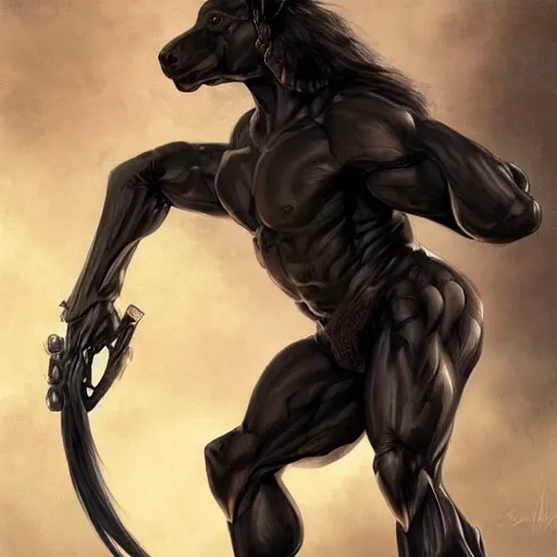 Image similar to splash art of a super buff black - coated anthropomorphic horse character wearing a leather combat suit, long hair, exaggerated muscles, highly detailed, furry, furaffinity, digital painting, full body, artstation, sharp focus, illustration, art by artgerm, greg rutkowski, alphonse mucha
