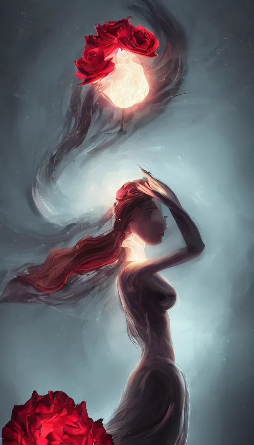 Image similar to 'Portrait of Beautiful faceless female elemental made of black fire, looking sideways, with no face, with red halo glowing out of her wrists, growing out of a giant rose, rose petals flying in the wind, fantasy, d&d, tragic, tense, digital painting, artstation, indieground, concept art, sharp focus, by Annie Swynnerton and Nicholas Roerich, madness combat, strong dramatic cinematic lighting , blood red sky, grey skin, smooth, sharp focus, extremely detailed, illustration, art by greg rutkowski, dave kendal, Godmachine, alphonse mucha''