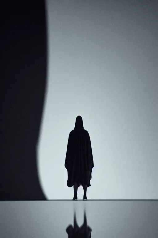 Image similar to a girl wearing long futuristic dark cloak by yohji yamamoto standing in a shadow of the moon light, sense of mystery, muted colors, simple shapes, long shot, full shot, by bill henson, by gregory crewdson, golden ratio, perfect composition, dramatic, fine detail, intricate, octane render, 8 k