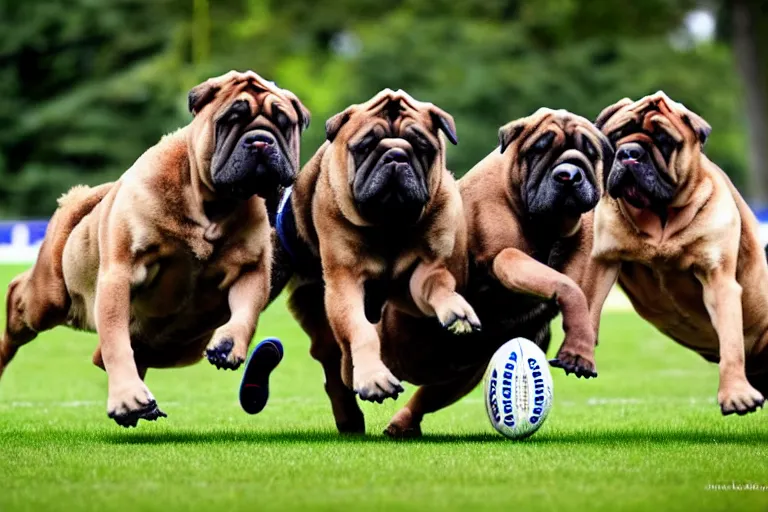 Prompt: A pack of bullmastiffs playing rugby. Sports photo.