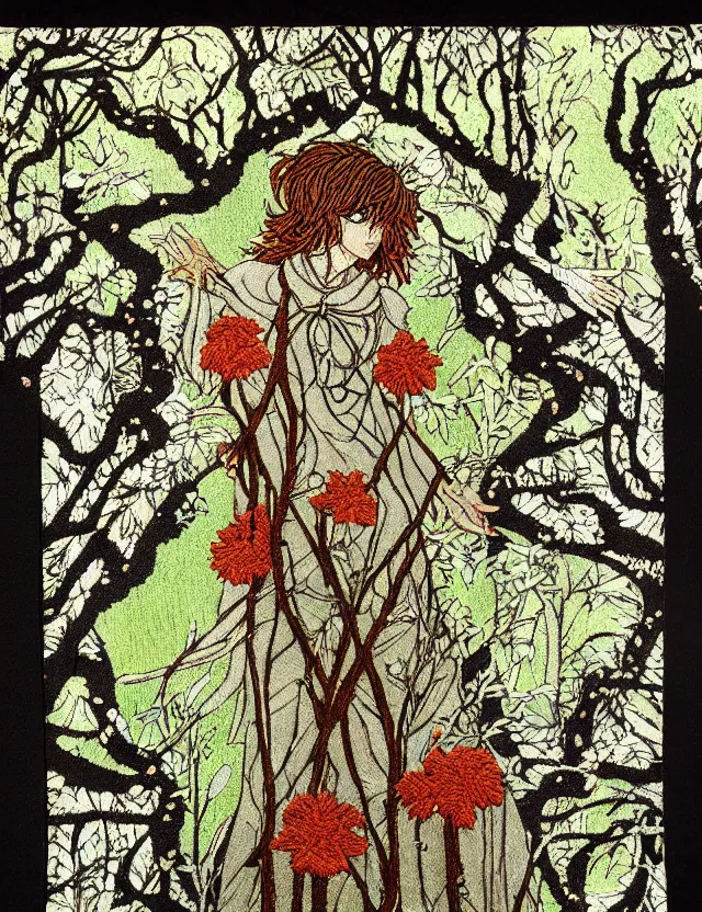 Image similar to priestess of the lichen woods. embroidered tapestry by the award - winning mangaka, bloom, chiaroscuro, backlighting, depth of field.